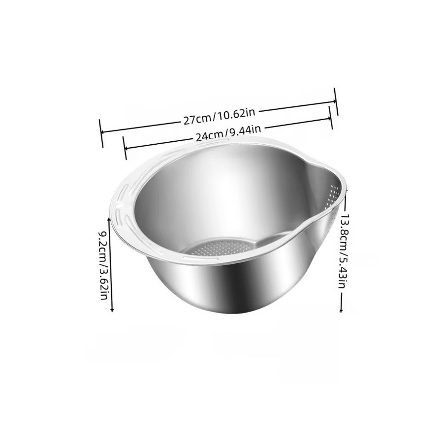 Multi-Functional Stainless Steel Rice Washing Bowl with Drain Holes – 2-in-1 Rice, Fruit & Vegetable Strainer Colander for Kitchen Use