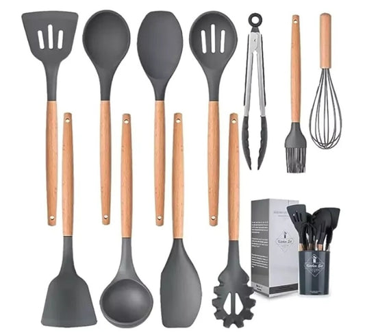 12-Pcs Kitchen Silicone Utensils Set with Heat Resist Wooden Handle Black