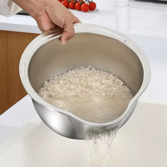 Multi-Functional Stainless Steel Rice Washing Bowl with Drain Holes – 2-in-1 Rice, Fruit & Vegetable Strainer Colander for Kitchen Use