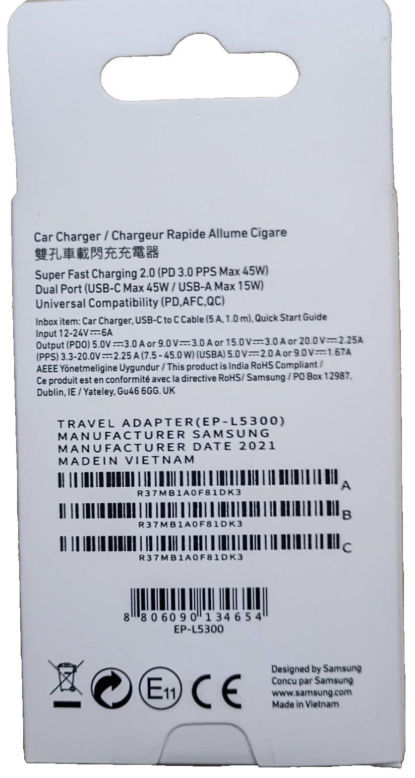 Samsung 60W Super Fast Car Charger 2.0 – Dual Port (45W USB-C + 15W USB-A) Fast Charging Car Adapter