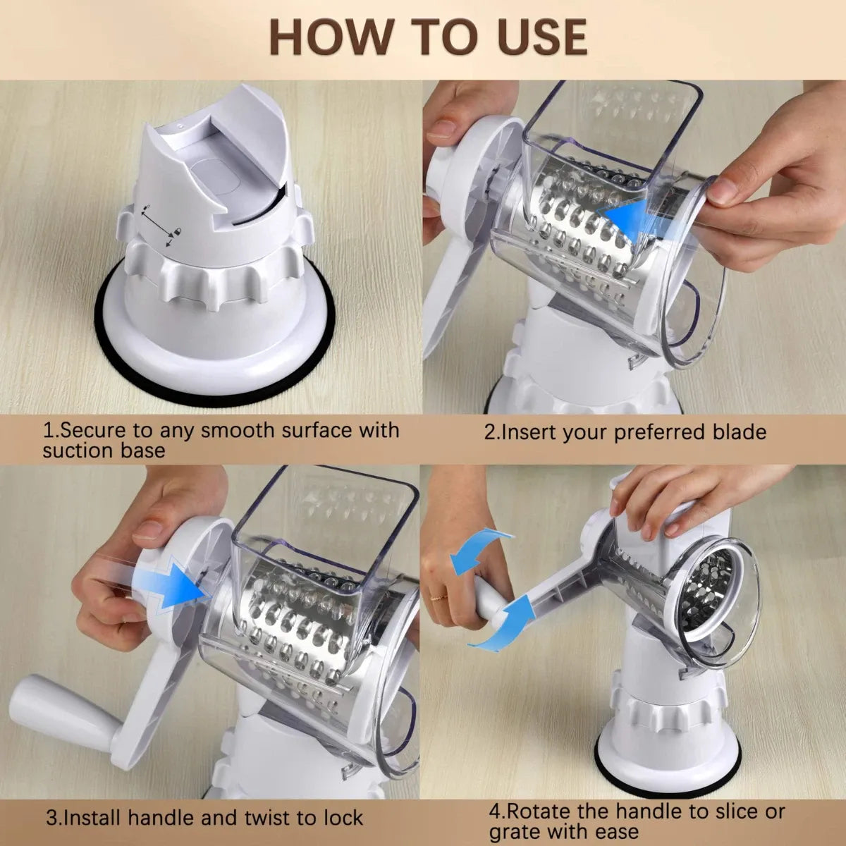 Manual Rotary Cheese Grater with Handle - White