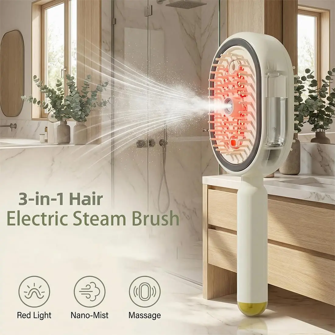 3 in 1 Electric Water Spray Reduce Frizz Anti-Static Retractable Steam Massage Comb.