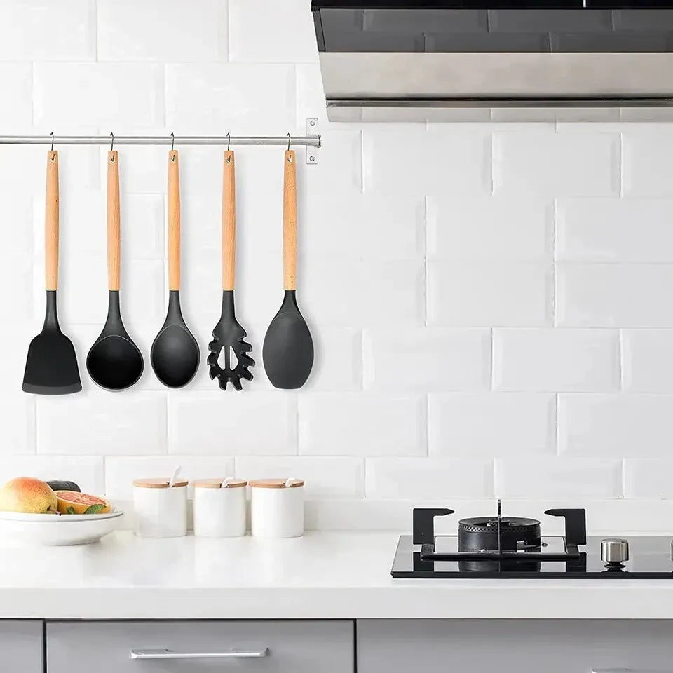 12-Pcs Kitchen Silicone Utensils Set with Heat Resist Wooden Handle Black