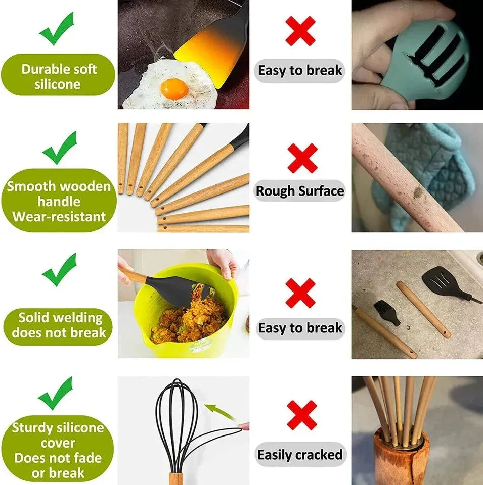 12-Pcs Kitchen Silicone Utensils Set with Heat Resist Wooden Handle Black