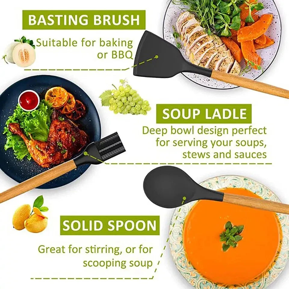 12-Pcs Kitchen Silicone Utensils Set with Heat Resist Wooden Handle Black