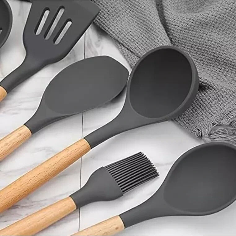 12-Pcs Kitchen Silicone Utensils Set with Heat Resist Wooden Handle Black