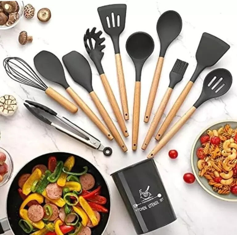 12-Pcs Kitchen Silicone Utensils Set with Heat Resist Wooden Handle Black