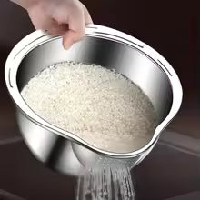 Multi-Functional Stainless Steel Rice Washing Bowl with Drain Holes – 2-in-1 Rice, Fruit & Vegetable Strainer Colander for Kitchen Use