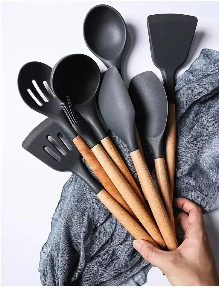 12-Pcs Kitchen Silicone Utensils Set with Heat Resist Wooden Handle Black